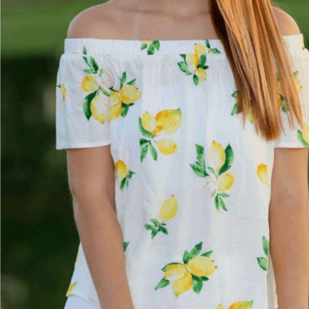 Skies are Blue Lemon Print Off the Shoulder Top